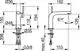 Keuco-Mischer mit zwei Ausläufen, abgerundeten Kanten, Bedienhebel und Montageanschluss. Maße und Details sind auf dem technischen Zeichnungsdiagramm angegeben.